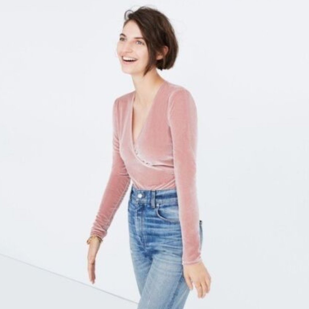 XS Madewell Velvet Faux Wrap Bodysuit - Pink